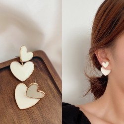 New Fashion Heart Drop Earrings For Women White Enamel Double Heart Korean Jewelry Female Earring Girls Gift